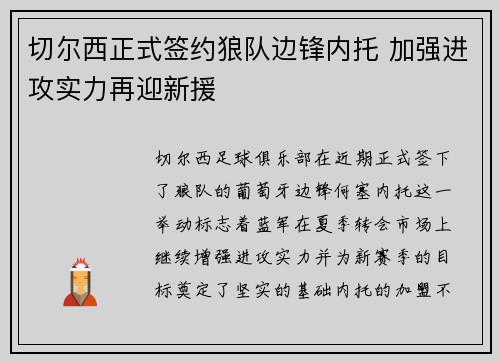 切尔西正式签约狼队边锋内托 加强进攻实力再迎新援 切尔西正式签约狼队边锋内托 加强进攻实力再迎新援